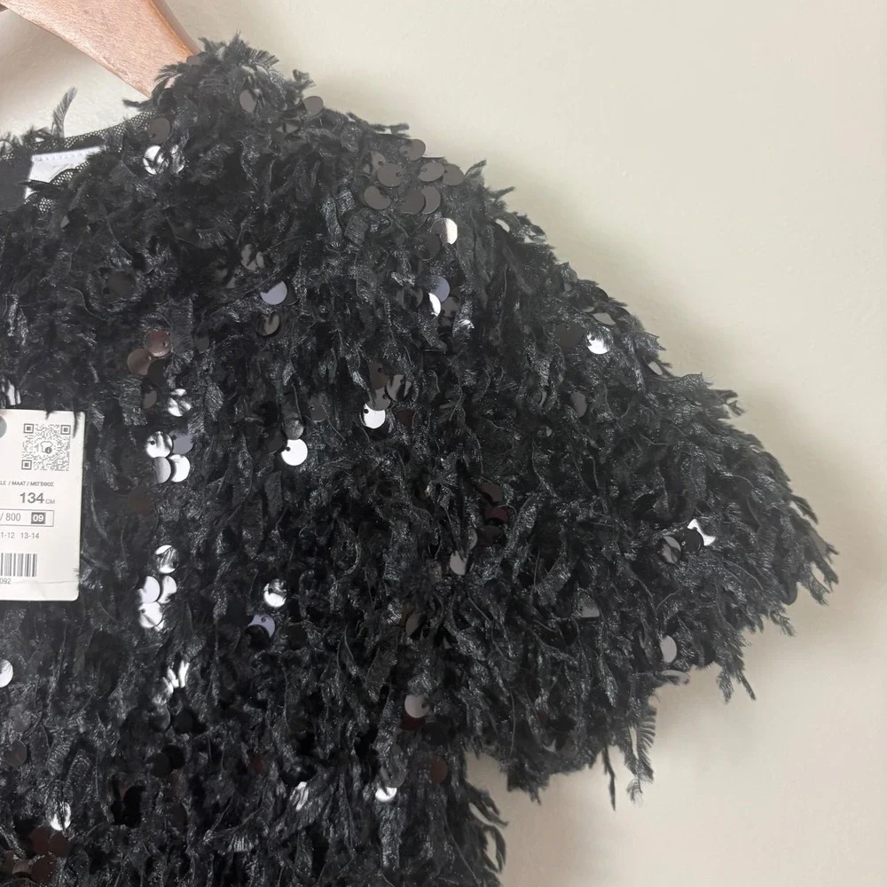 NWT Zara Sequin Fringe Dress Kids Size 9 Black Textured Sparkle Party Mini Dance